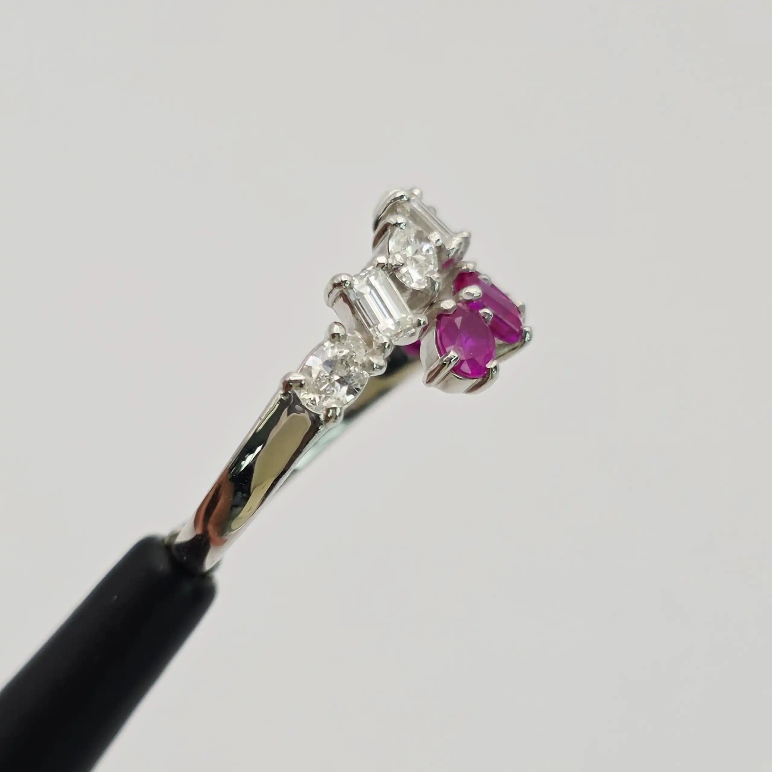 1.09 cts emerald cut natural ruby and diamond band ring in 18K white gold