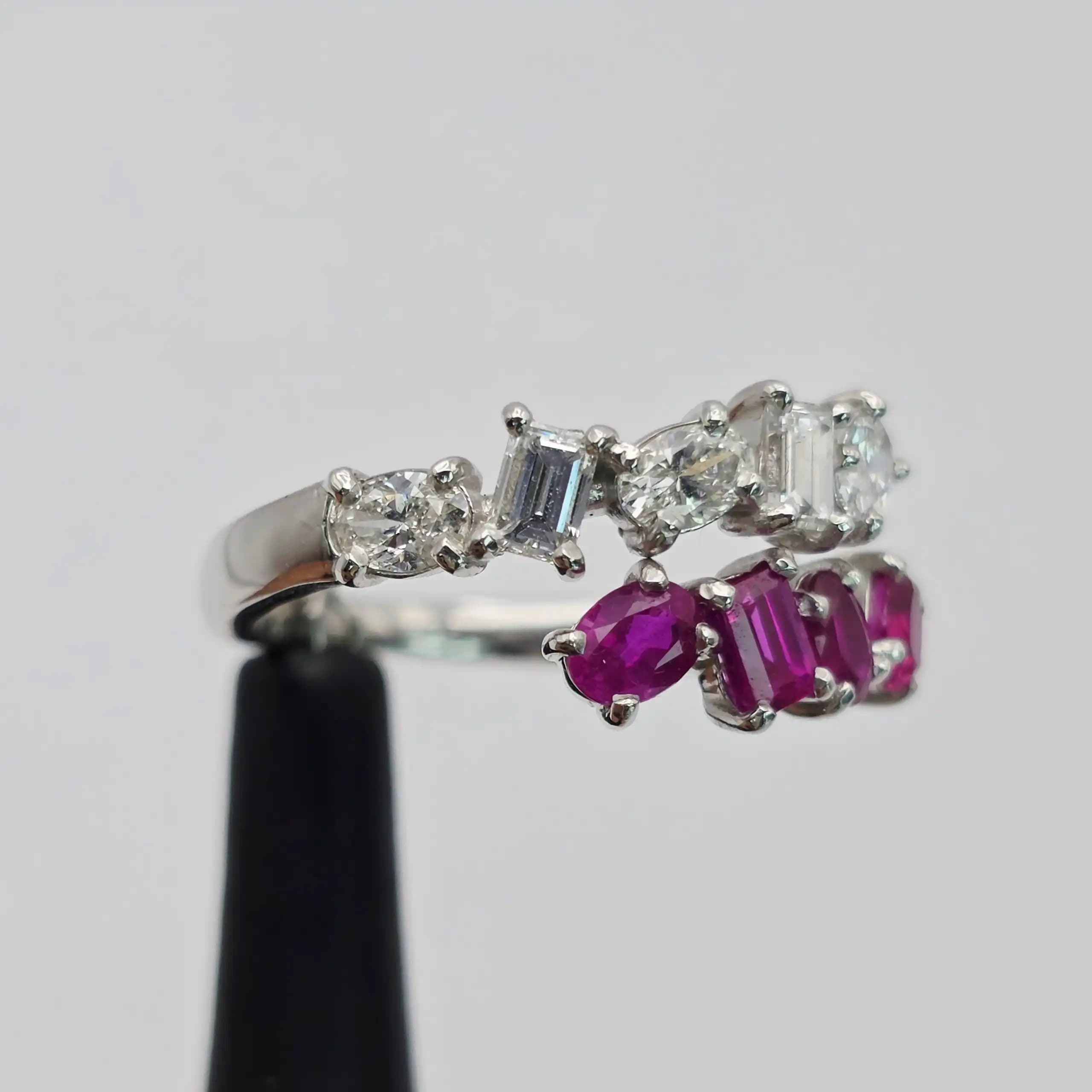1.09 cts emerald cut natural ruby and diamond band ring in 18K white gold