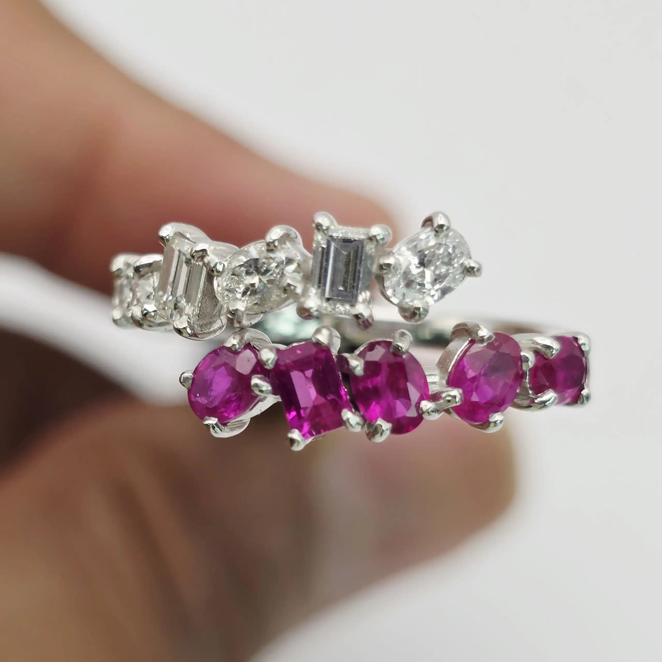 1.09 cts emerald cut natural ruby and diamond band ring in 18K white gold