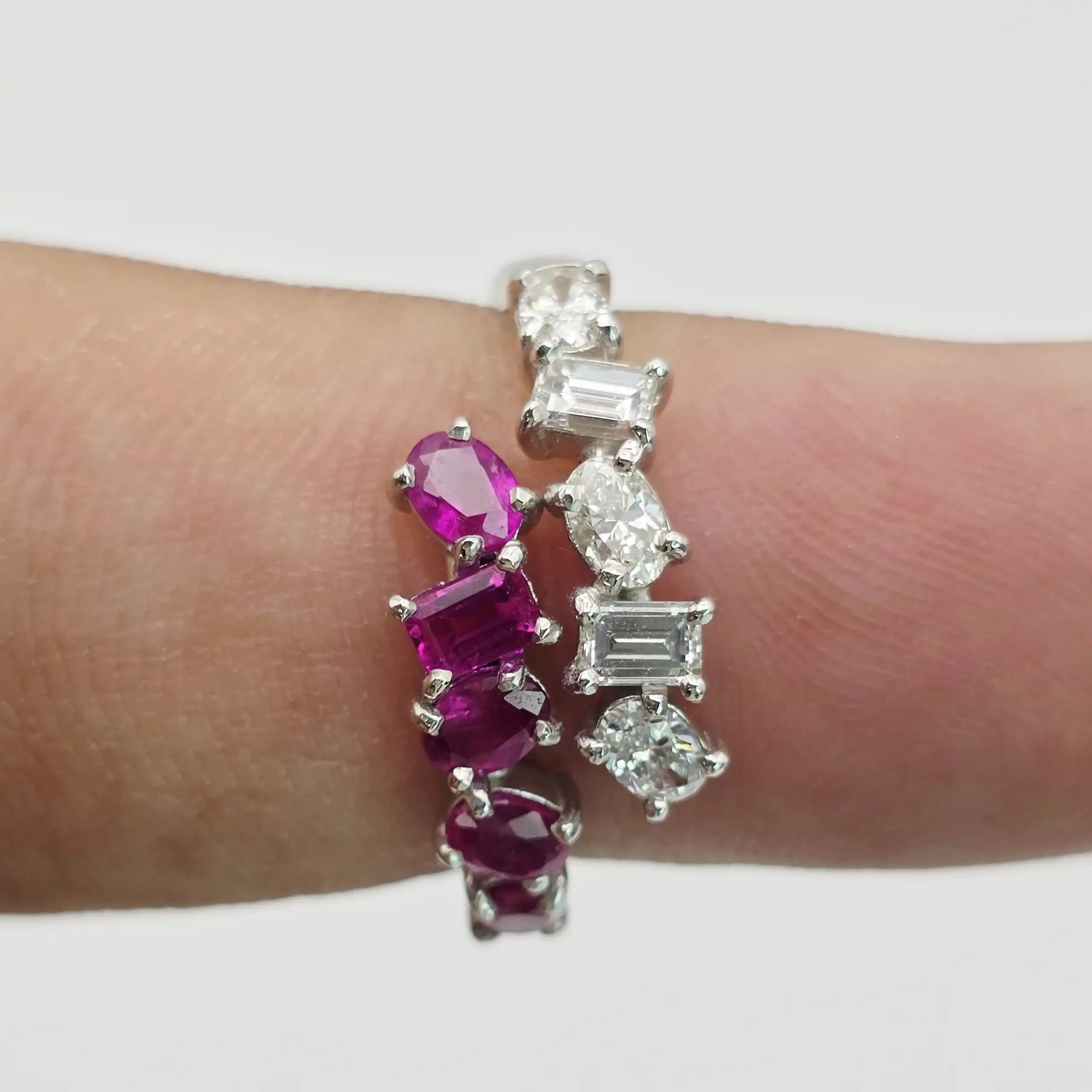 1.09 cts emerald cut natural ruby and diamond band ring in 18K white gold