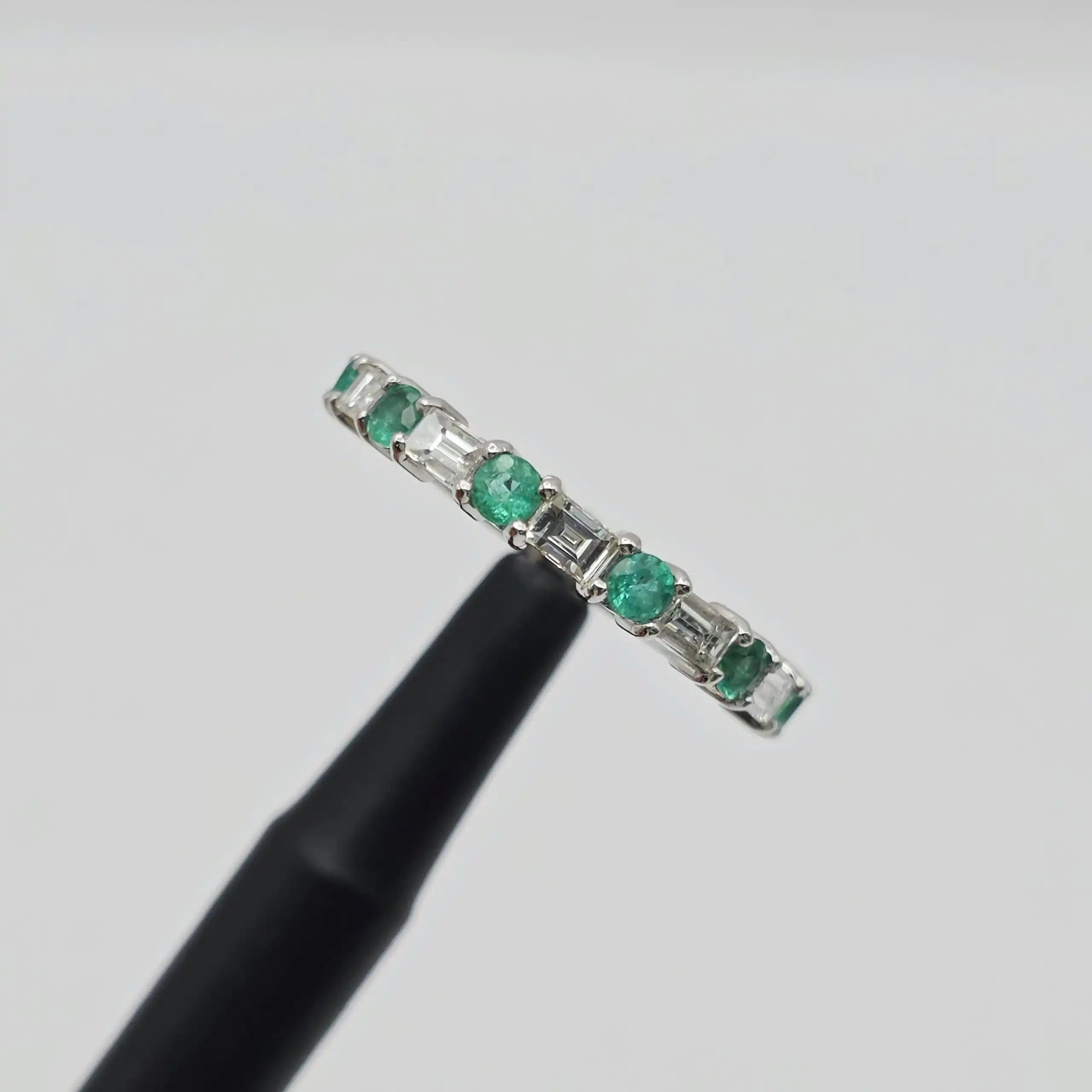 0.37 cts baguette natural emerald and diamond half eternity ring in 18K white gold