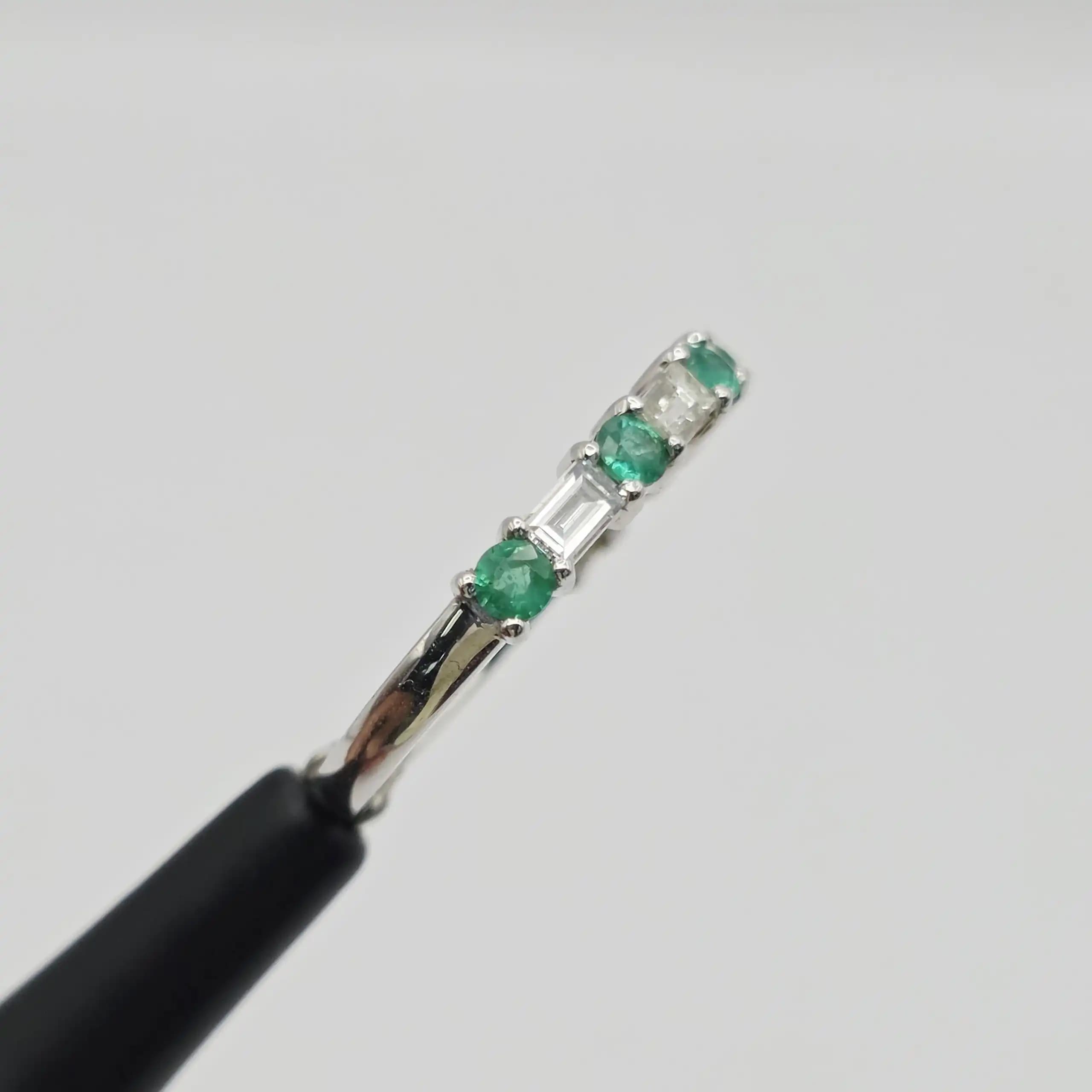 0.37 cts baguette natural emerald and diamond half eternity ring in 18K white gold