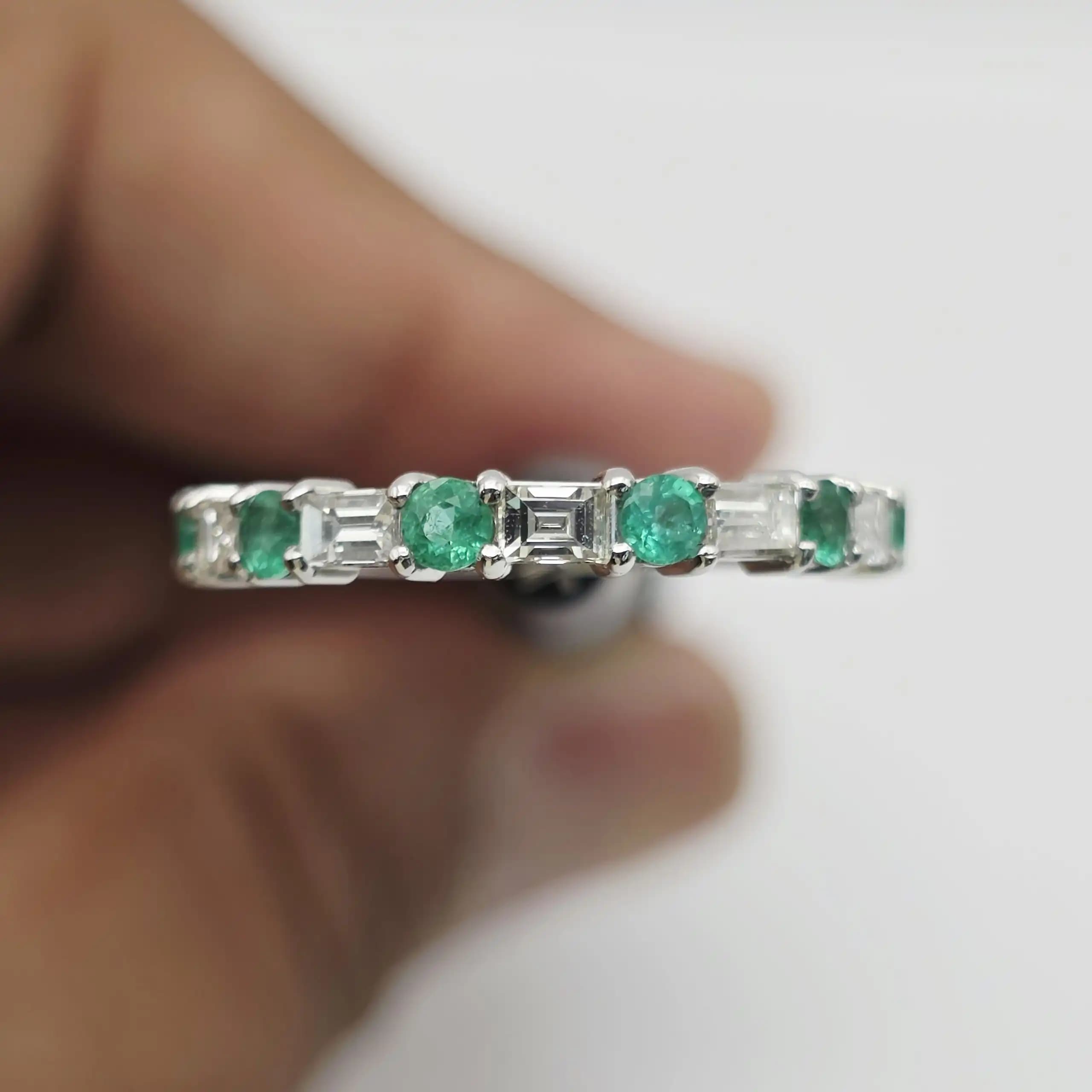 0.37 cts baguette natural emerald and diamond half eternity ring in 18K white gold