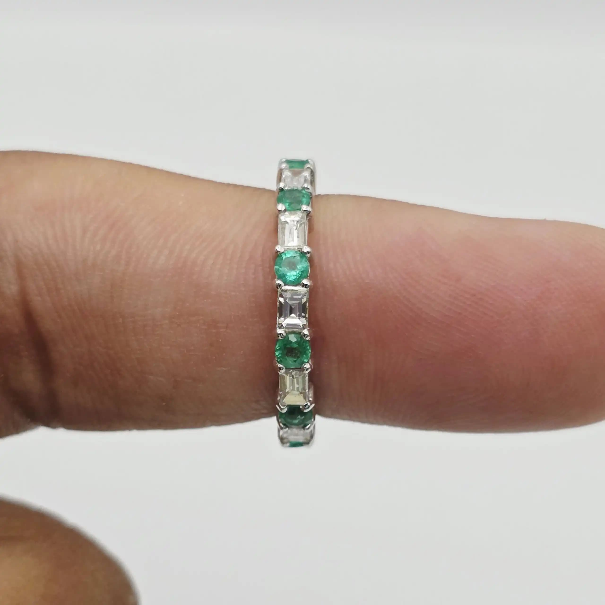0.37 cts baguette natural emerald and diamond half eternity ring in 18K white gold