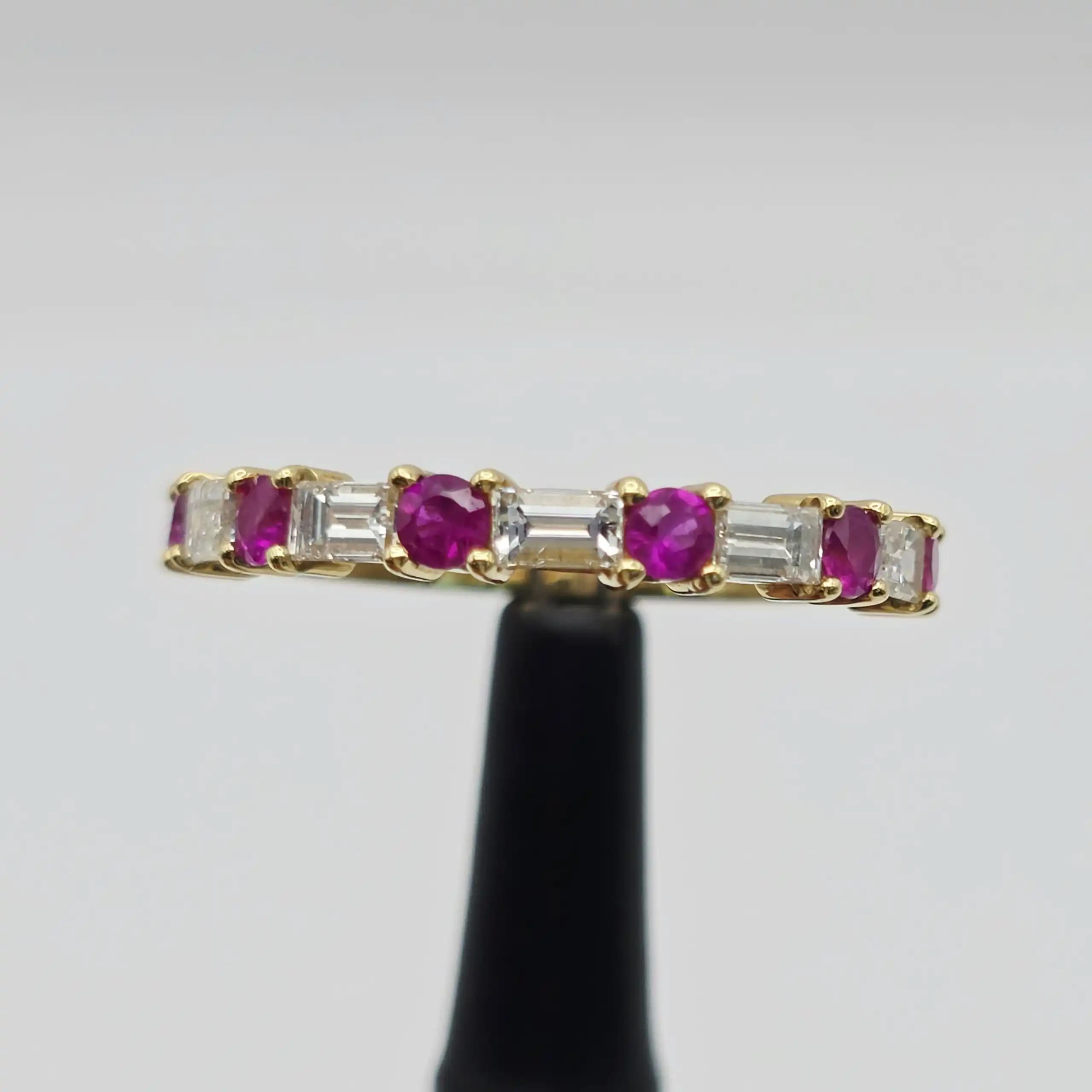 0.49 cts baguette natural ruby and diamond half eternity ring in 18K yellow gold