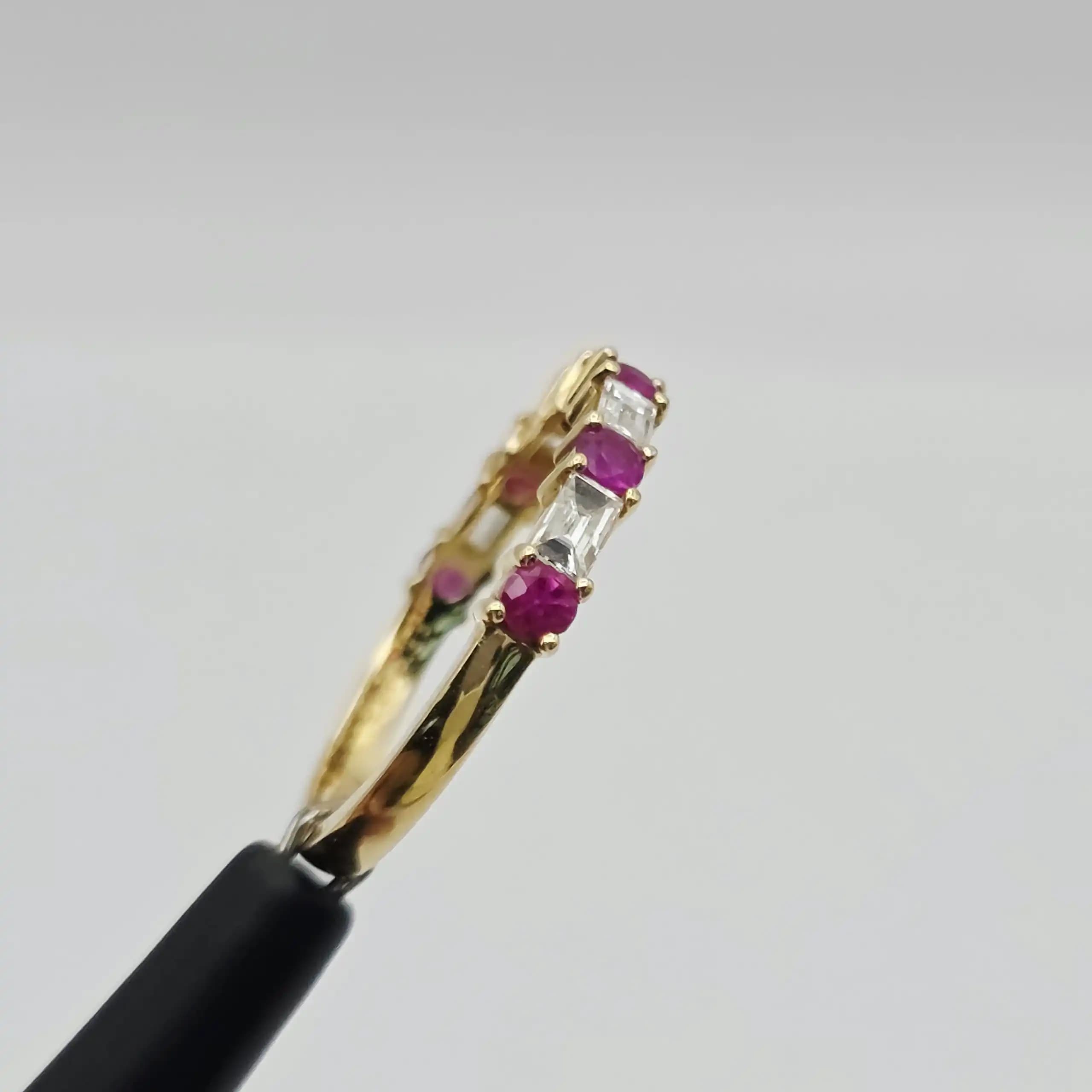 0.49 cts baguette natural ruby and diamond half eternity ring in 18K yellow gold