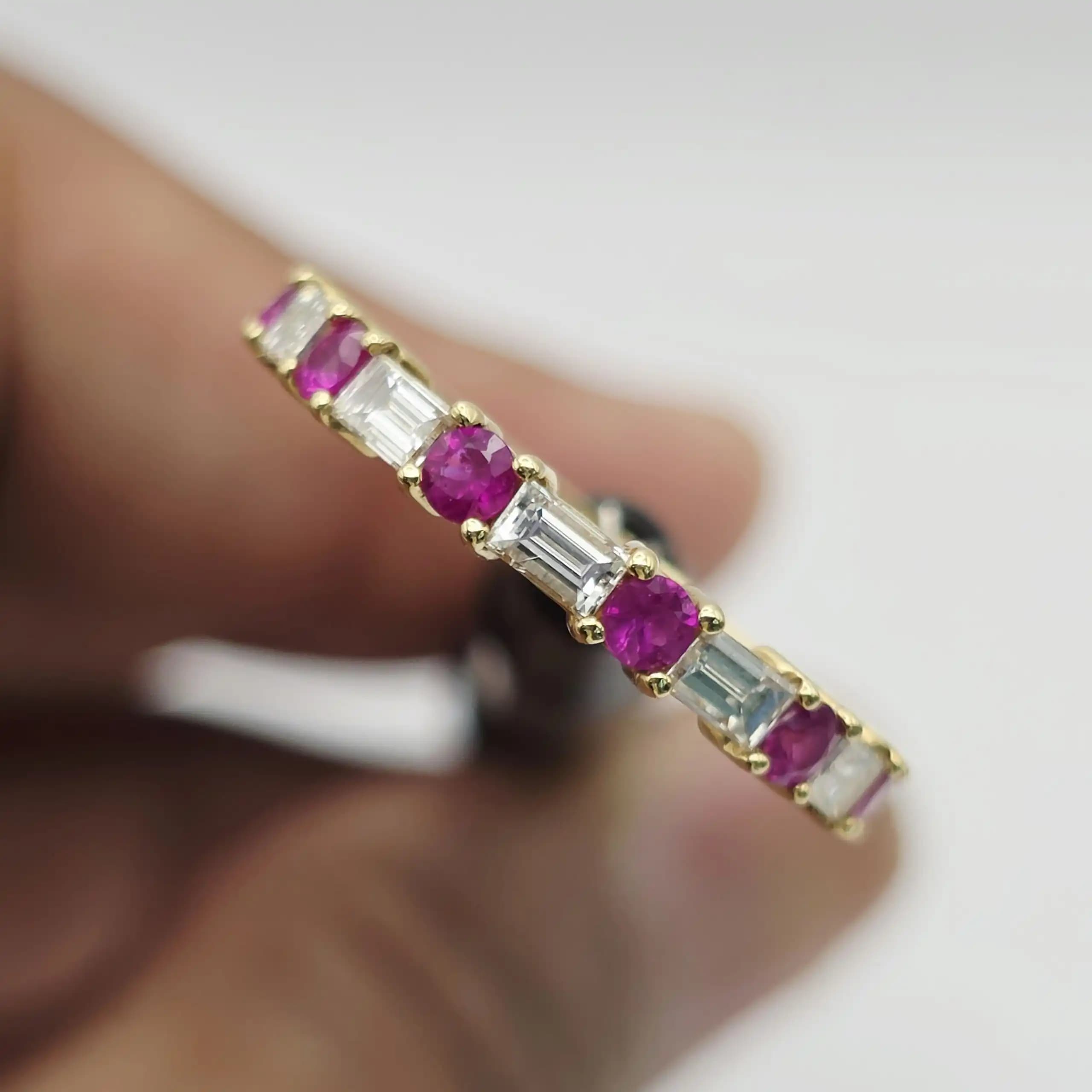 0.49 cts baguette natural ruby and diamond half eternity ring in 18K yellow gold