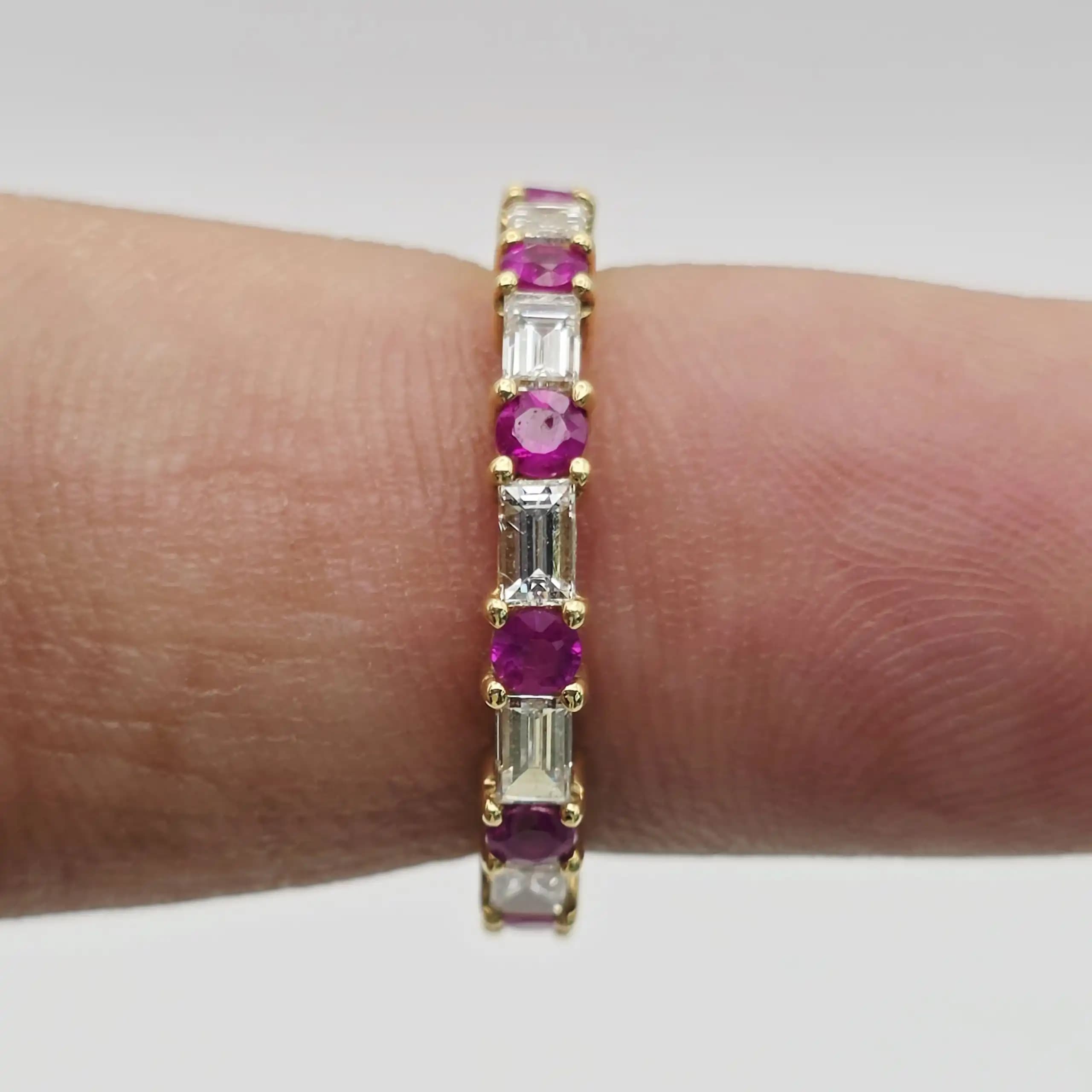 0.49 cts baguette natural ruby and diamond half eternity ring in 18K yellow gold