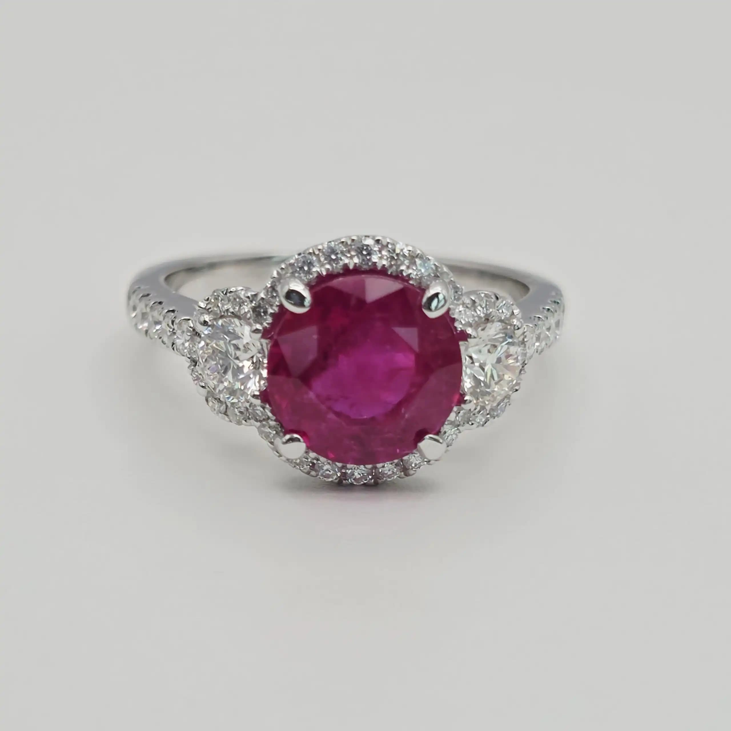2.90 cts round shape natural ruby and diamond halo ring in 18K white gold