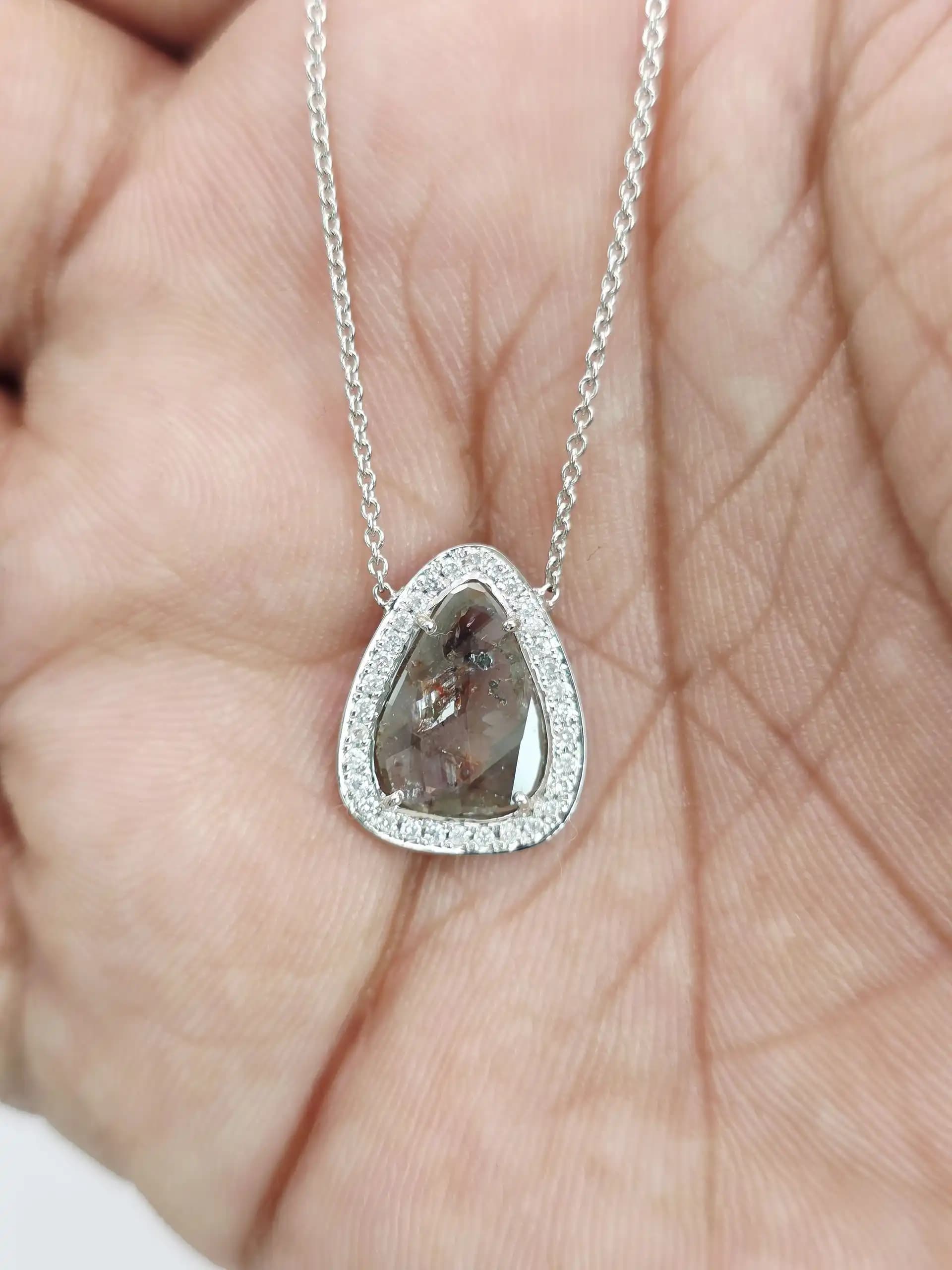 1.85 cts natural diamond slice halo pendant necklace in 14K white gold