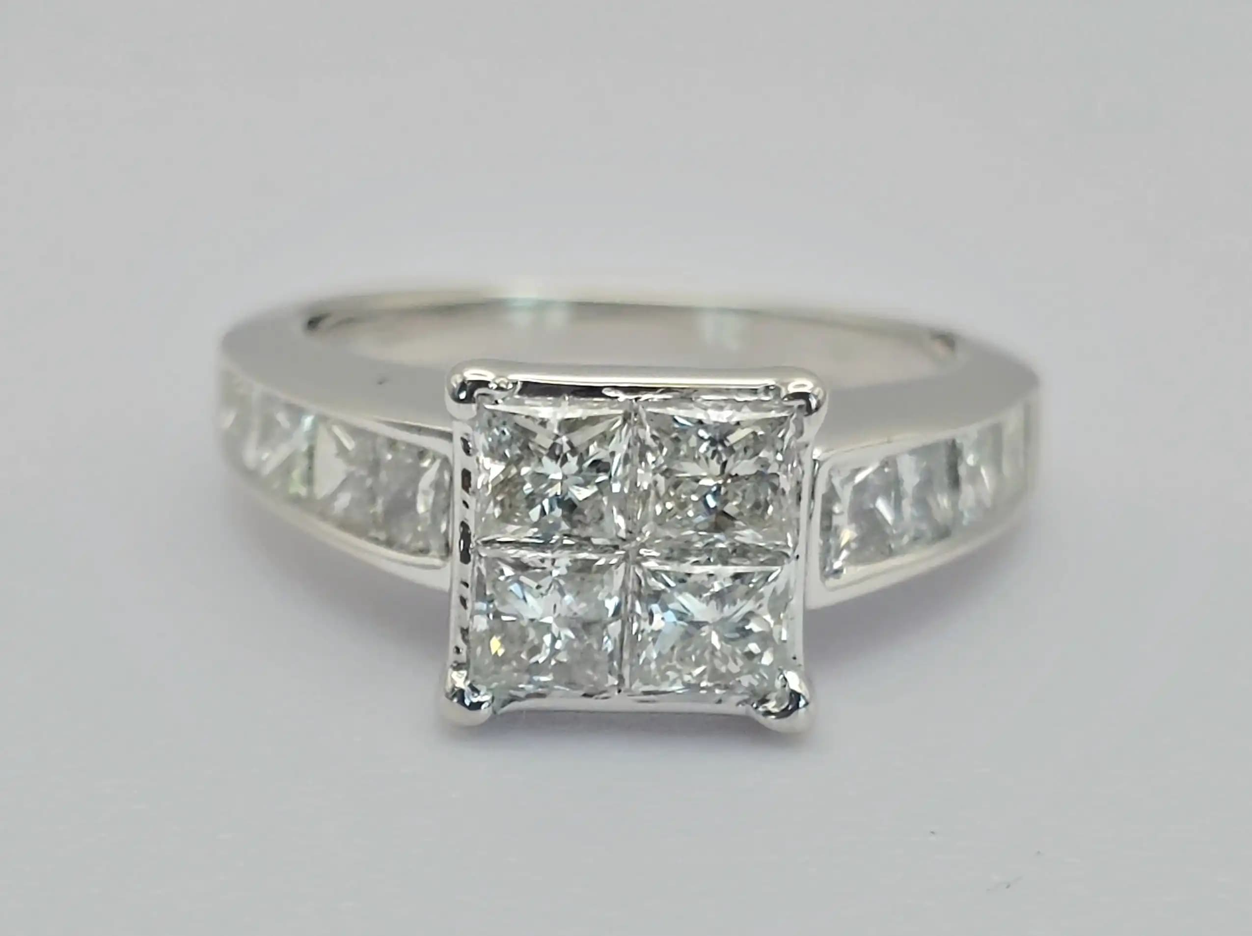 1.80 cts princess cut natural diamond invisible set ring in 14K white gold