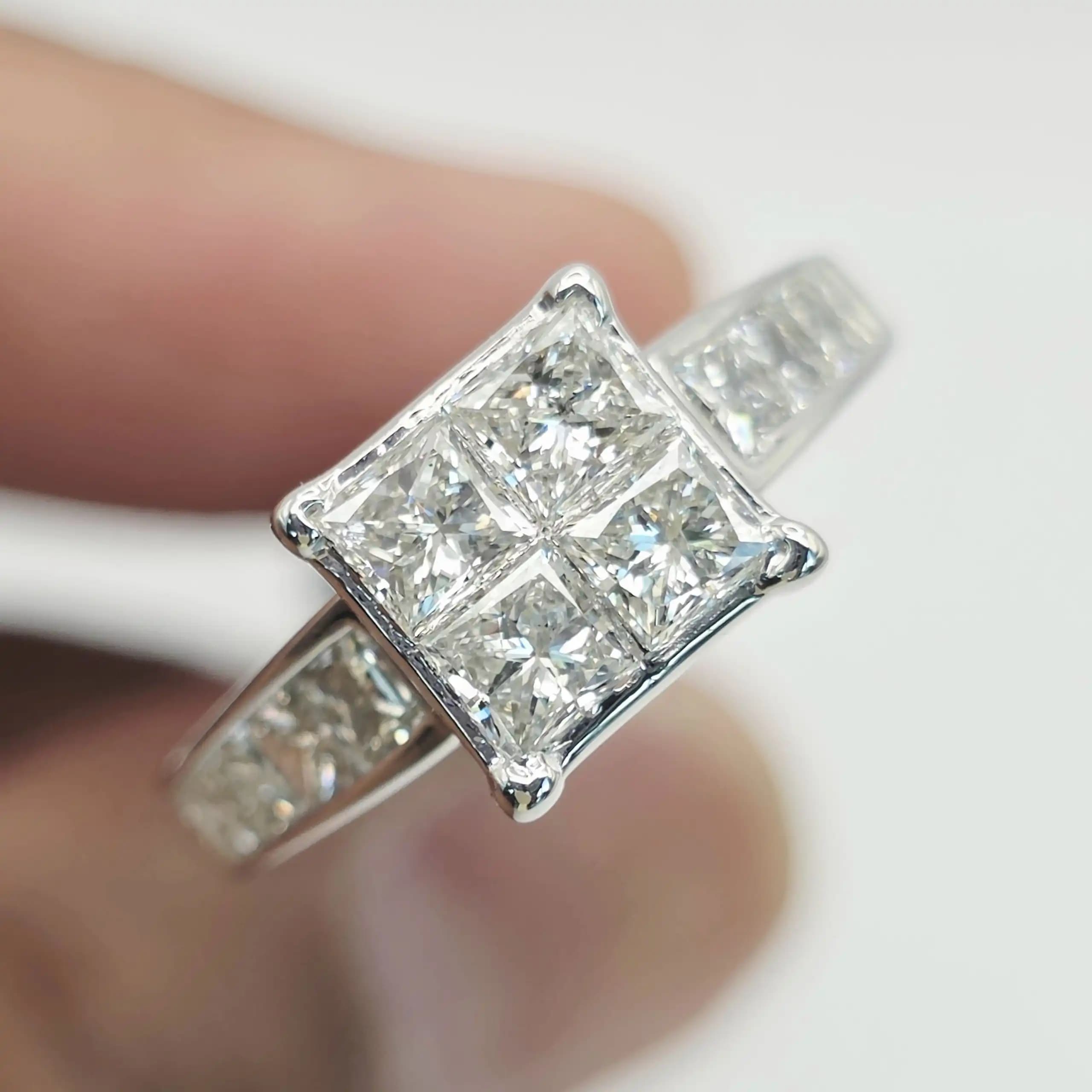 1.80 cts princess cut natural diamond invisible set ring in 14K white gold
