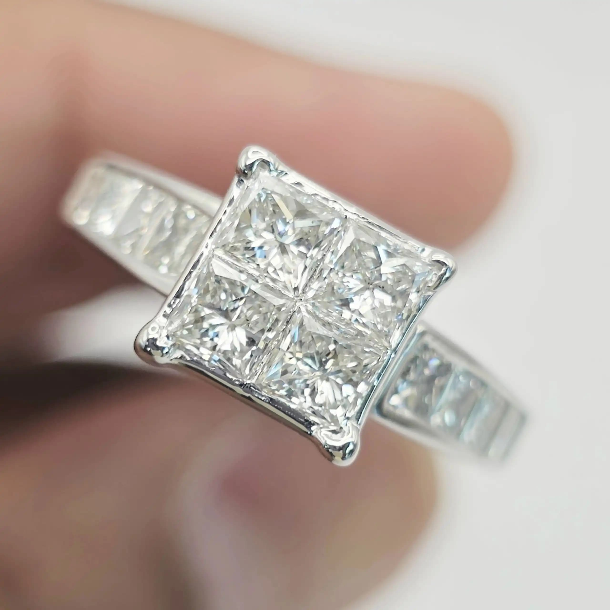 1.80 cts princess cut natural diamond invisible set ring in 14K white gold