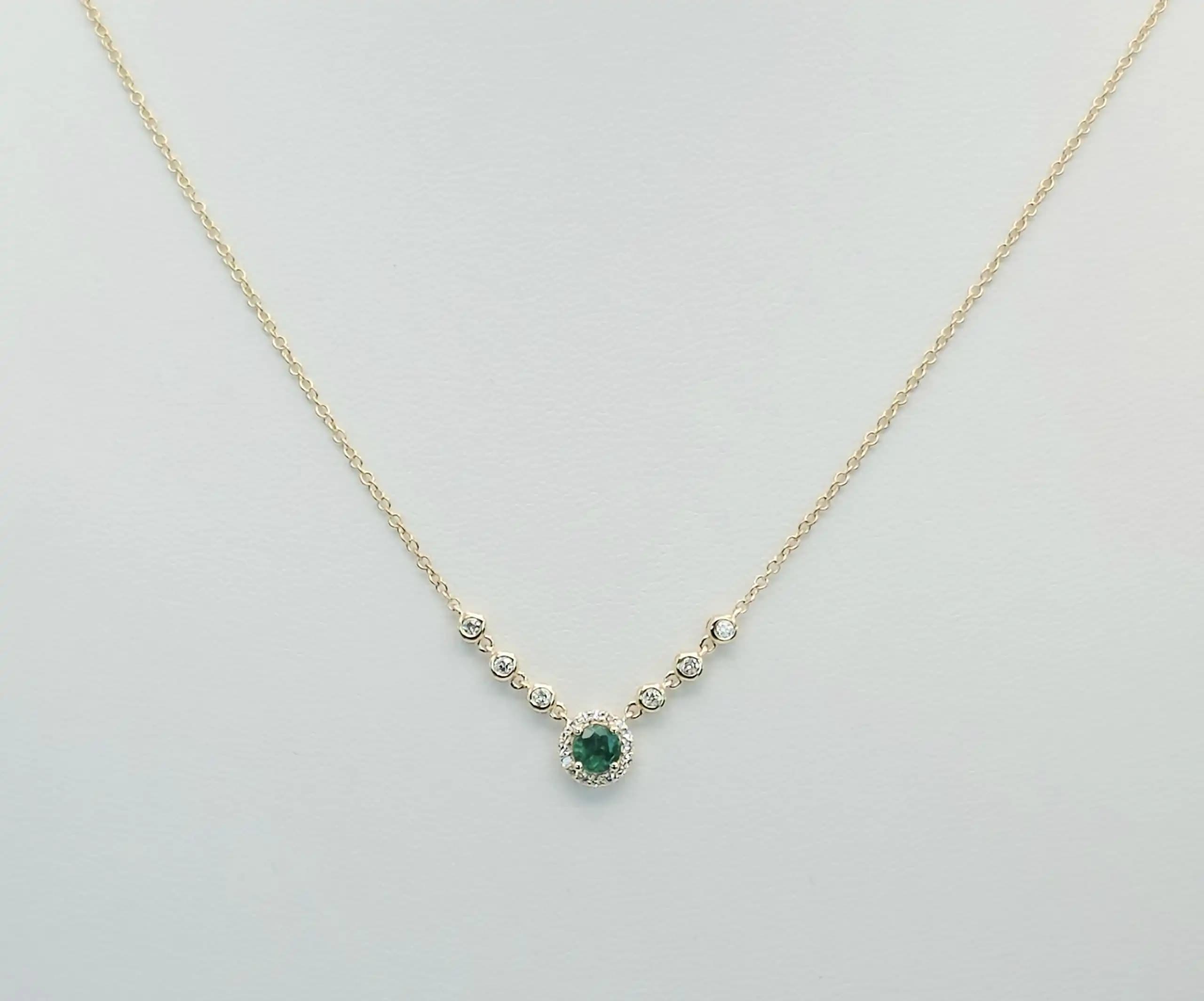 0.08 cts natural emerald and diamond curved bar necklace in 14K yellow gold