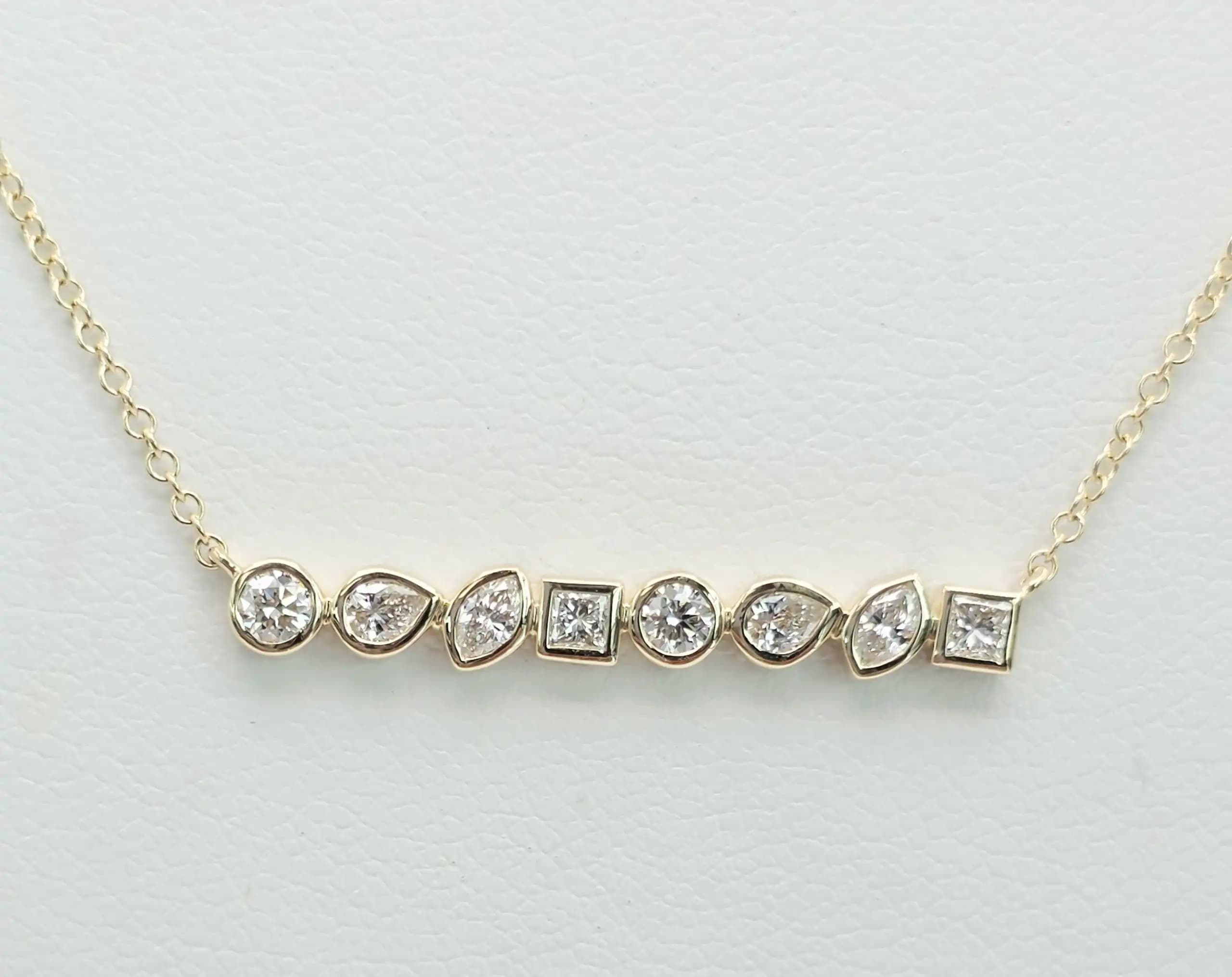 0.46 cts round natural diamond bezel bar necklace in 14K yellow gold