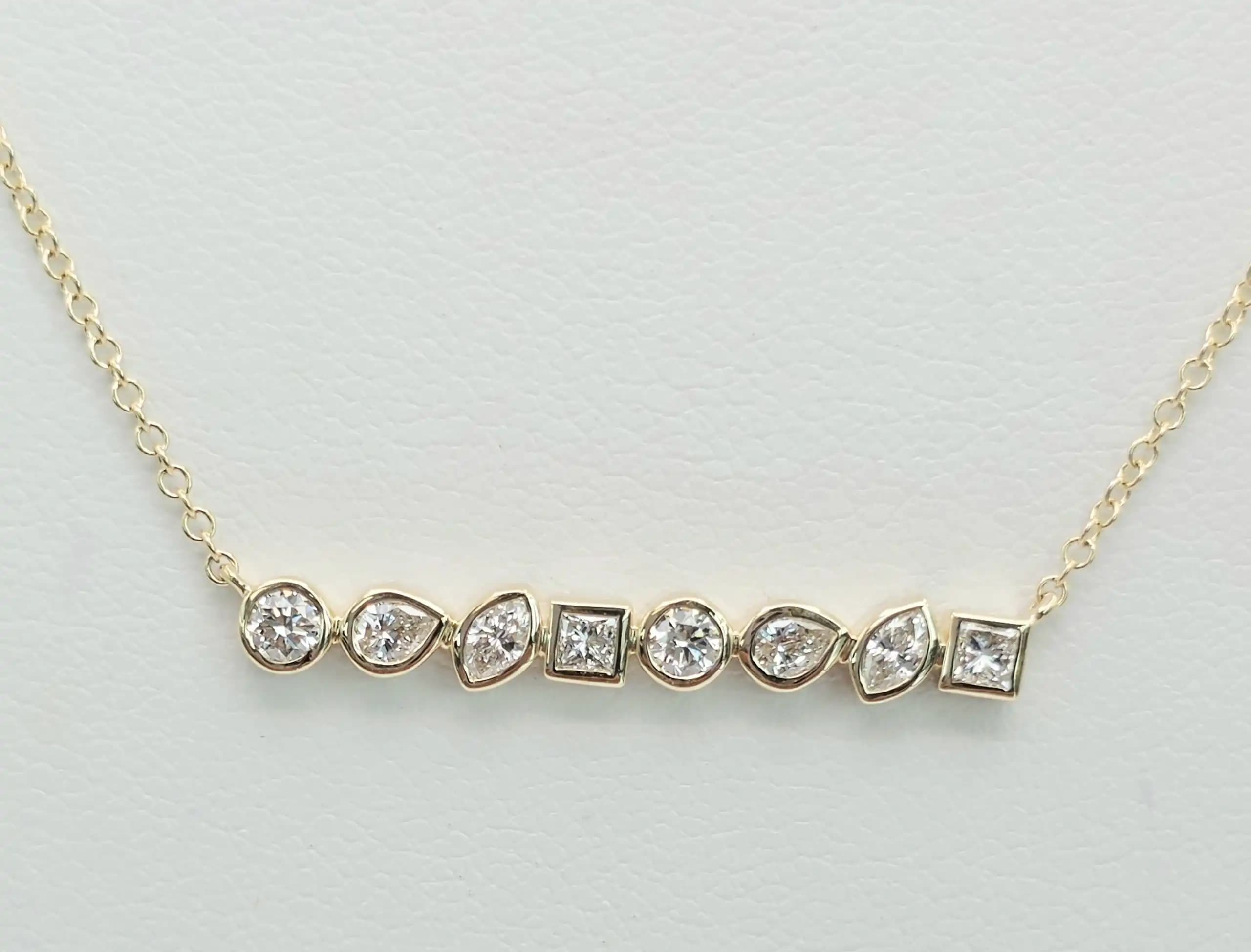 0.46 cts round natural diamond bezel bar necklace in 14K yellow gold