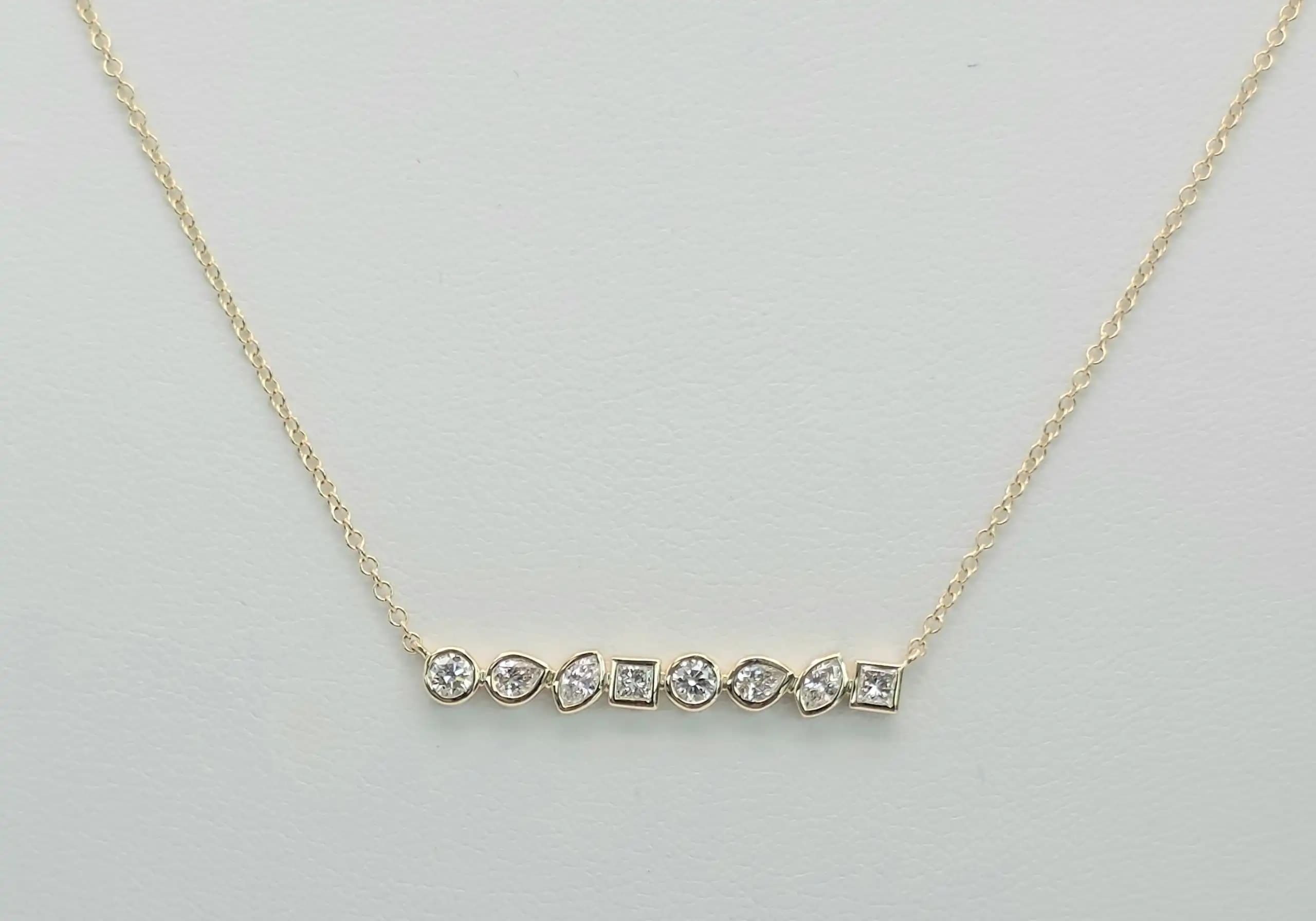 0.46 cts round natural diamond bezel bar necklace in 14K yellow gold