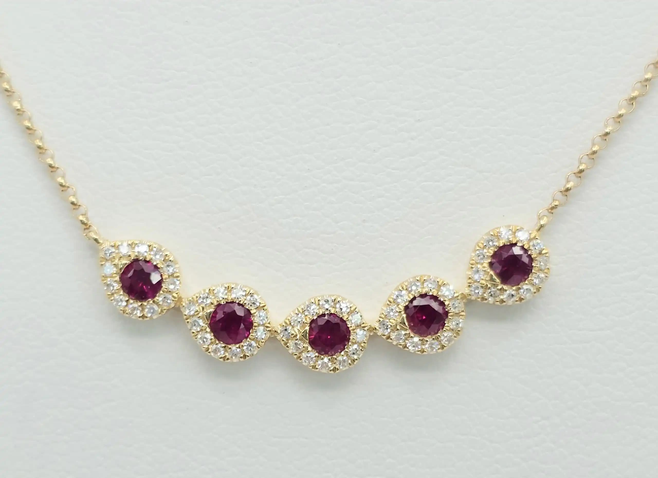 0.22 cts round natural ruby and diamond halo bar necklace in 14K yellow gold