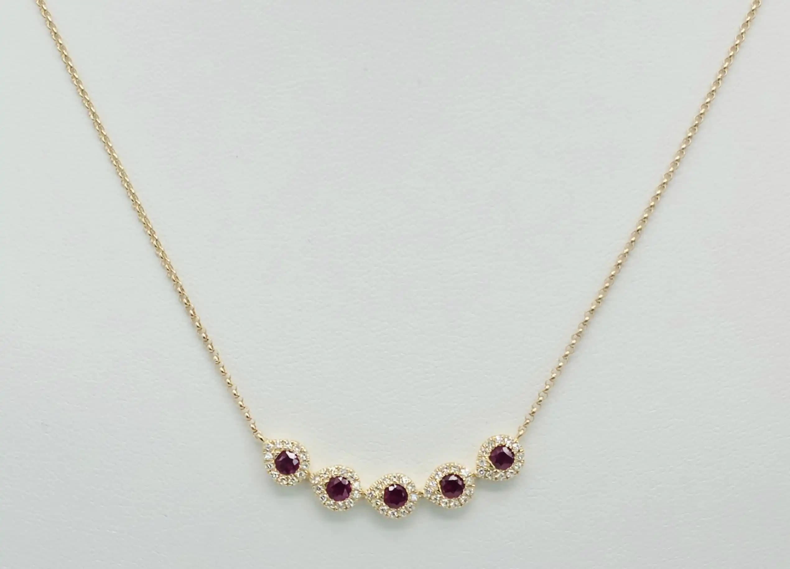 0.22 cts round natural ruby and diamond halo bar necklace in 14K yellow gold