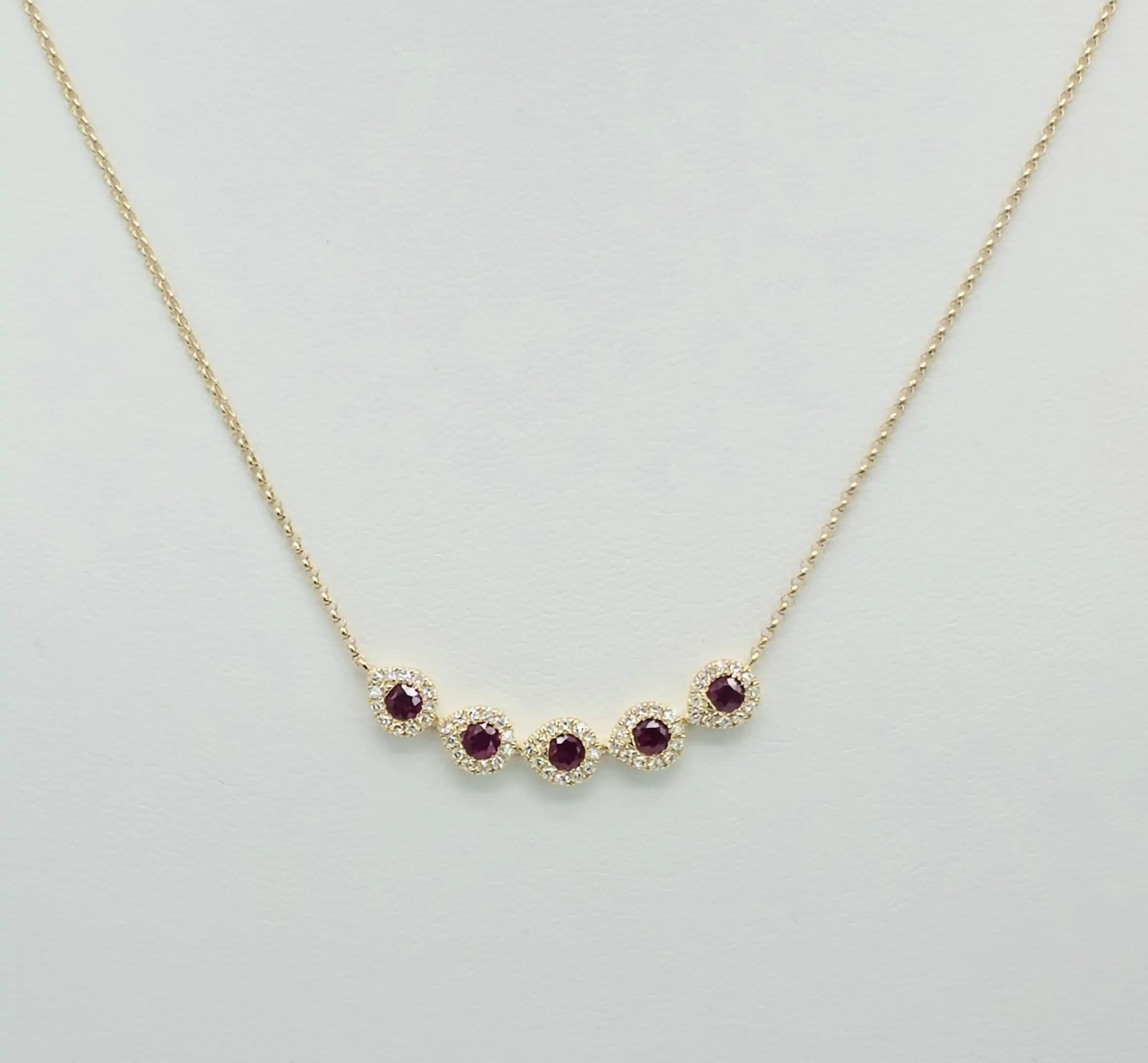 0.22 cts round natural ruby and diamond halo bar necklace in 14K yellow gold