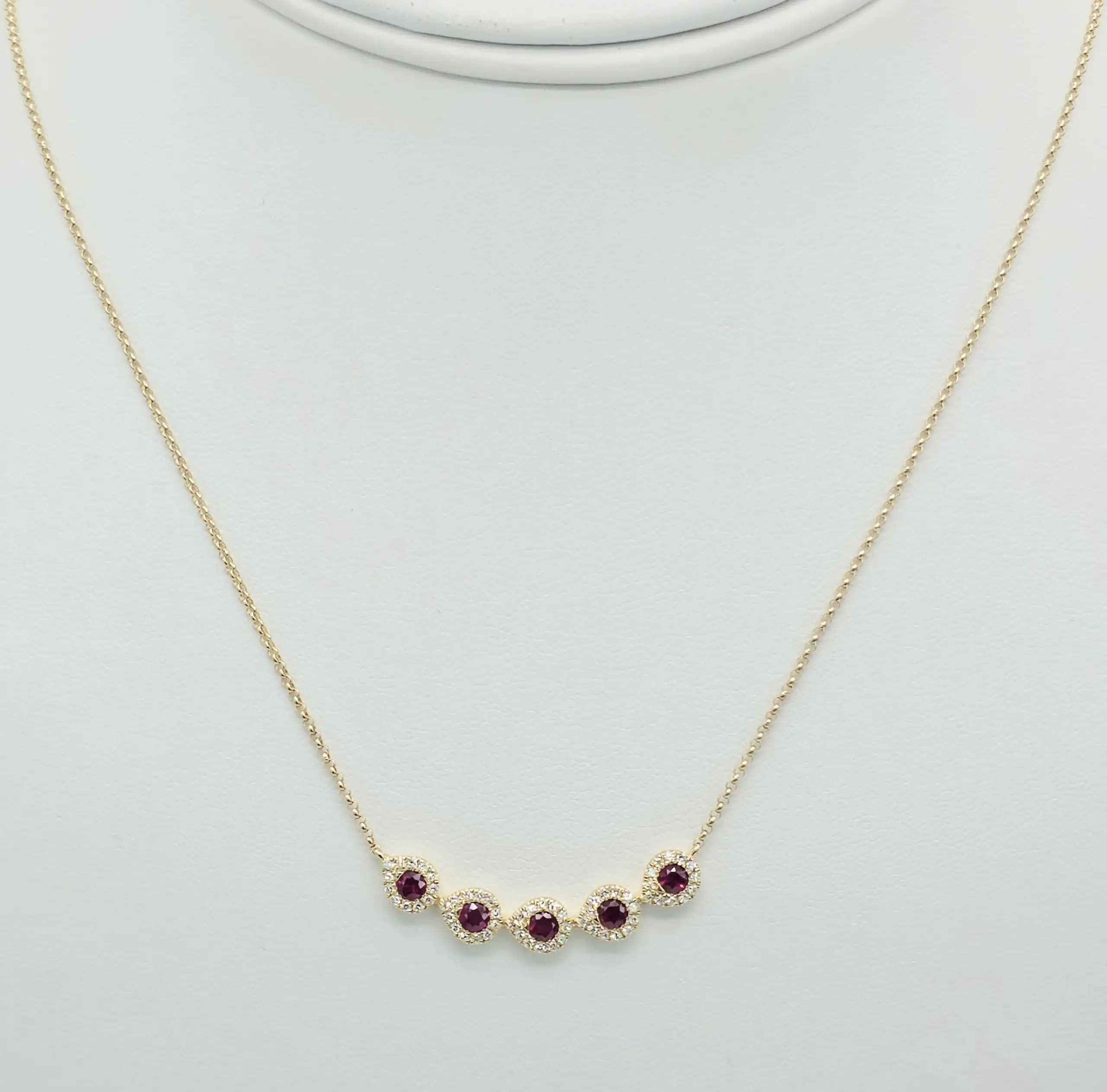 0.22 cts round natural ruby and diamond halo bar necklace in 14K yellow gold