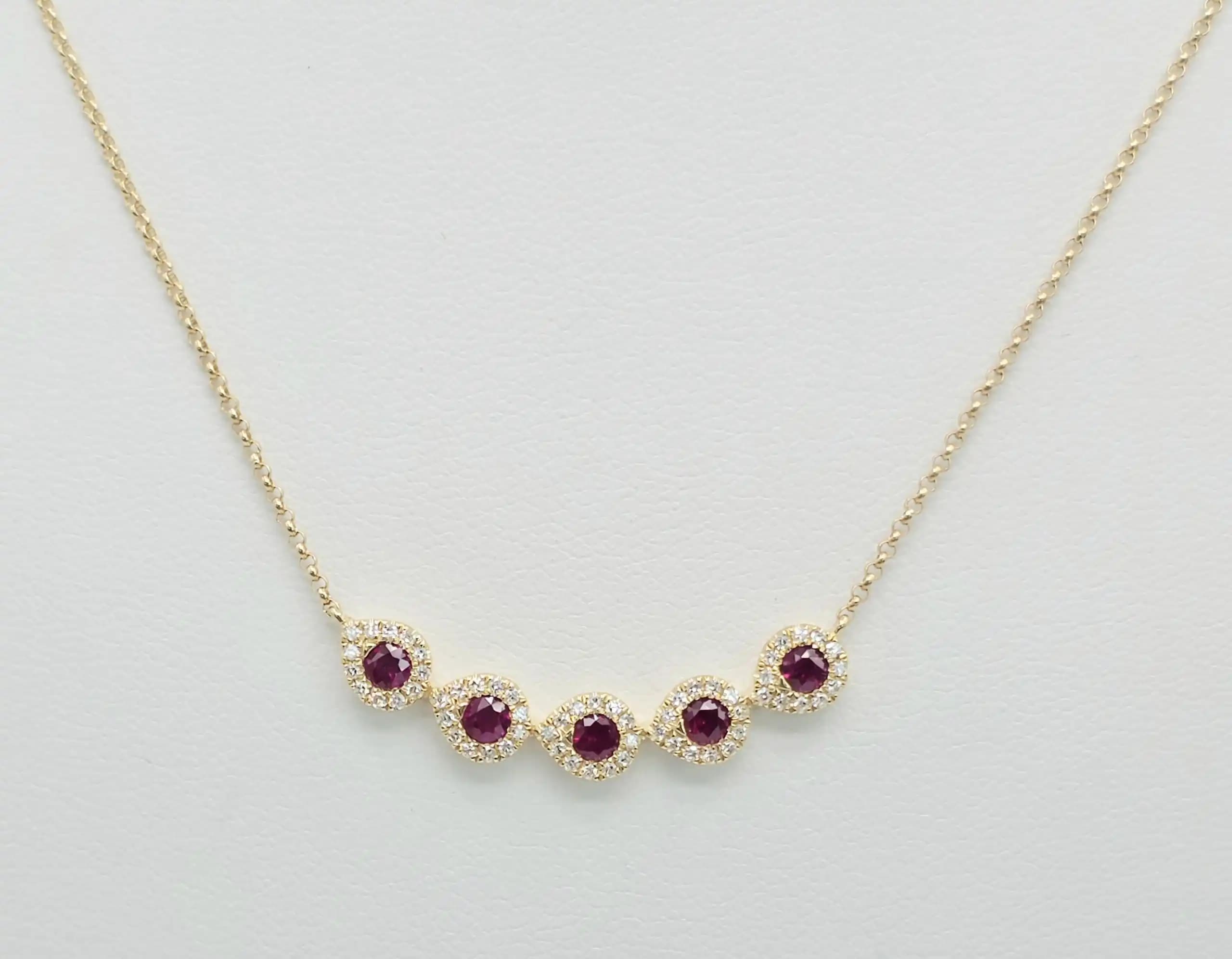 0.22 cts round natural ruby and diamond halo bar necklace in 14K yellow gold